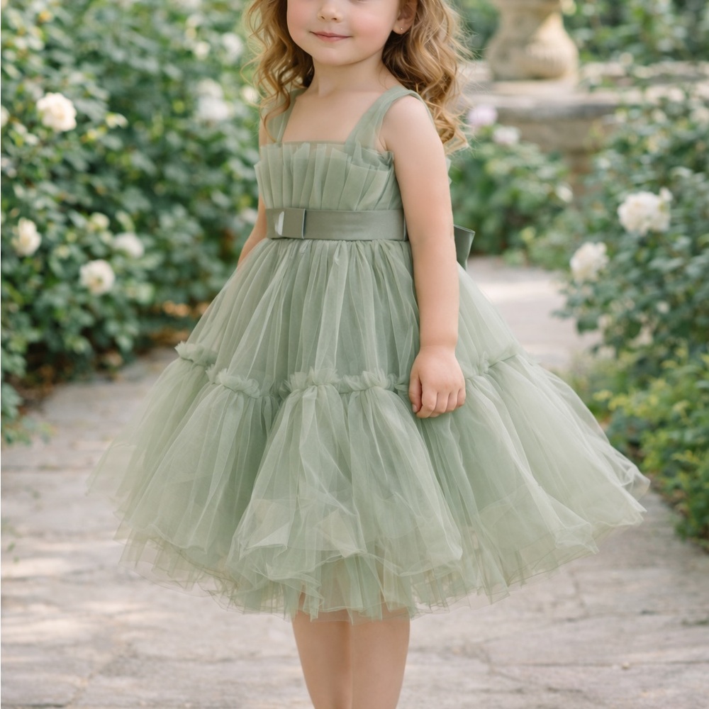 Charming sage green tulle princess birthday flower girl dress. 3/4